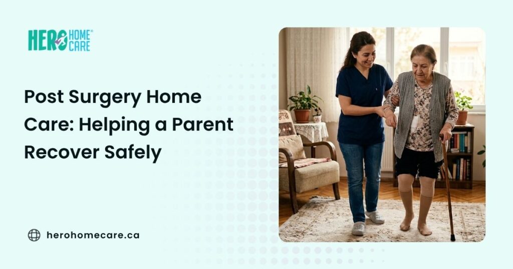 A professional caregiver provides post surgery home care to help a parent recover safely at home by assisting her as she walks with a cane.