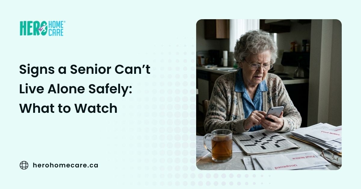 An elderly woman appearing overwhelmed by mail and digital tasks, used to help families identify early signs a senior can’t live alone safely.