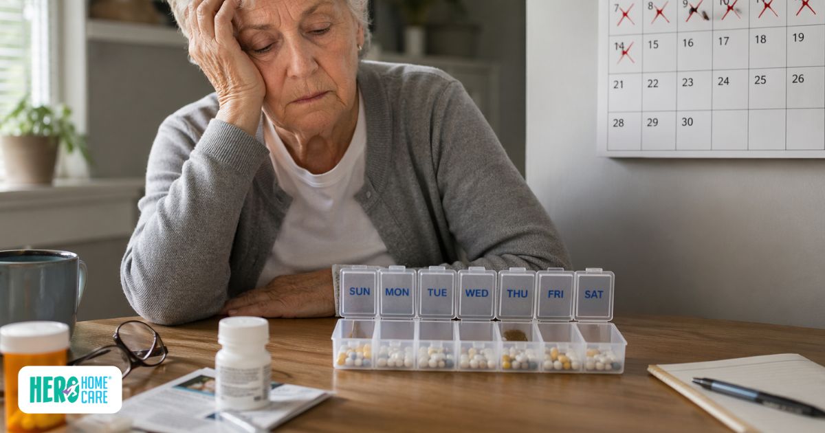 Signs parent is not taking medication properly highlighted by disorganized or skipped pills in a weekly organizer