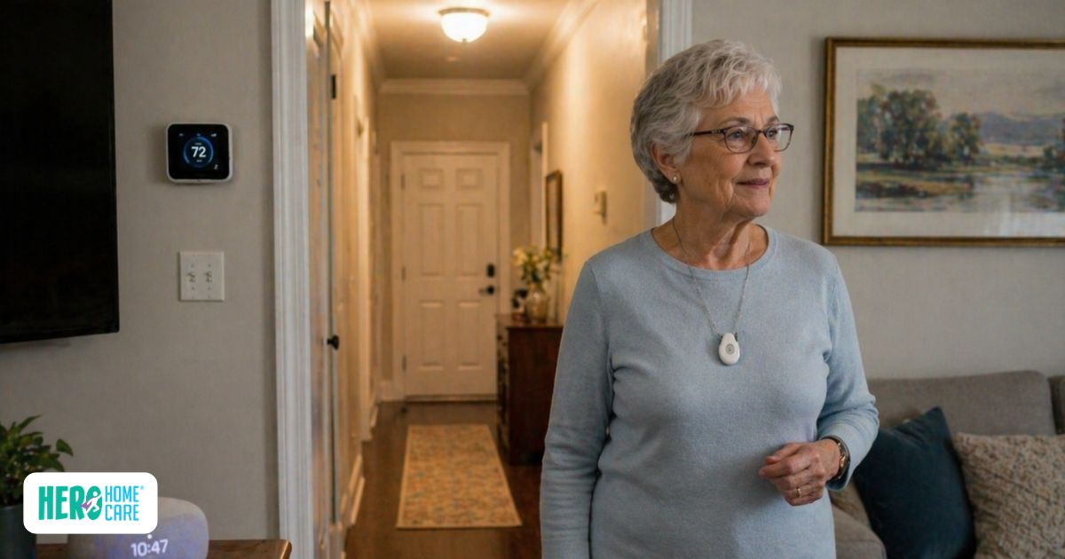 Older adult standing in a hallway with a smart thermostat and home monitoring device visible