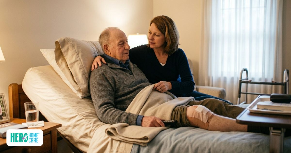 A woman provides emotional and physical support to an elderly man resting in a hospital bed with a bandaged knee, illustrating the dedicated attention required during the first few days of post surgery care at home.