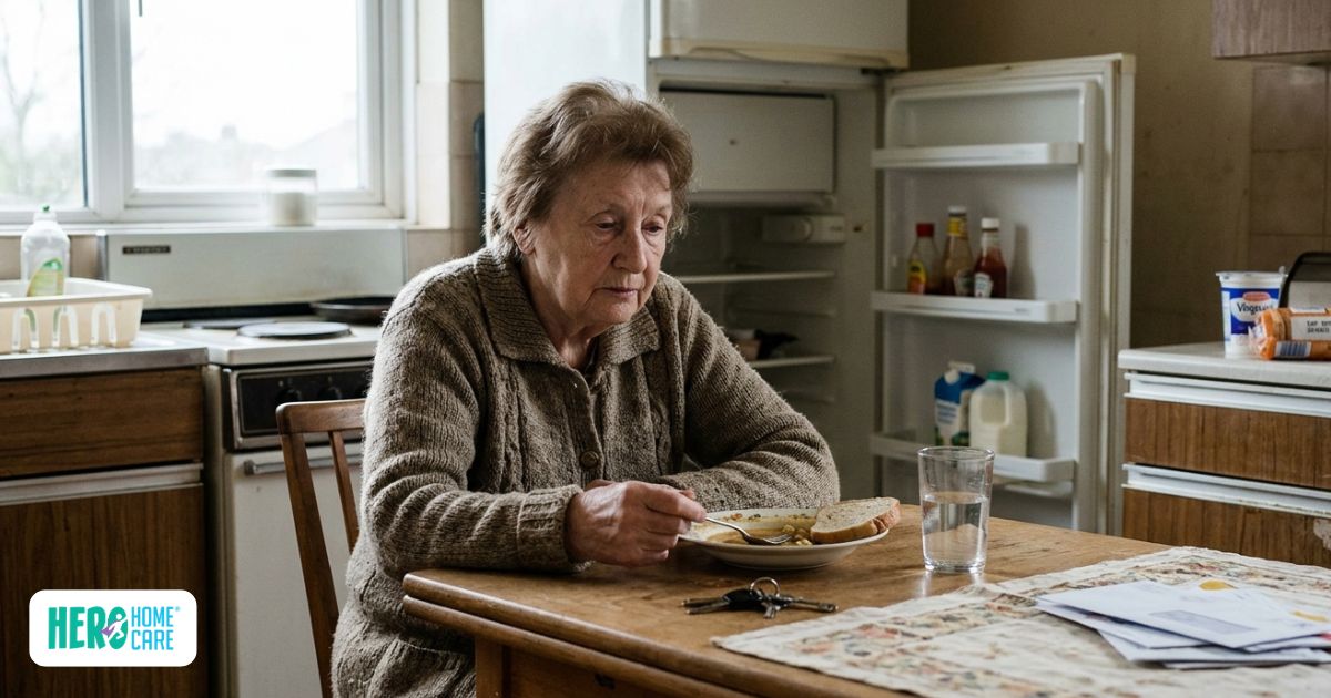 An elderly woman staring at her food in a dimly lit kitchen, used to identify early signs a senior can’t live alone safely through a decline in healthy eating habits.