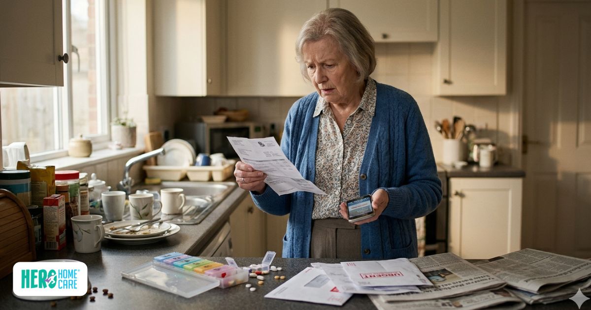 A senior woman appearing overwhelmed by mail and medication management in her home, highlighting early signs a senior can’t live alone safely.