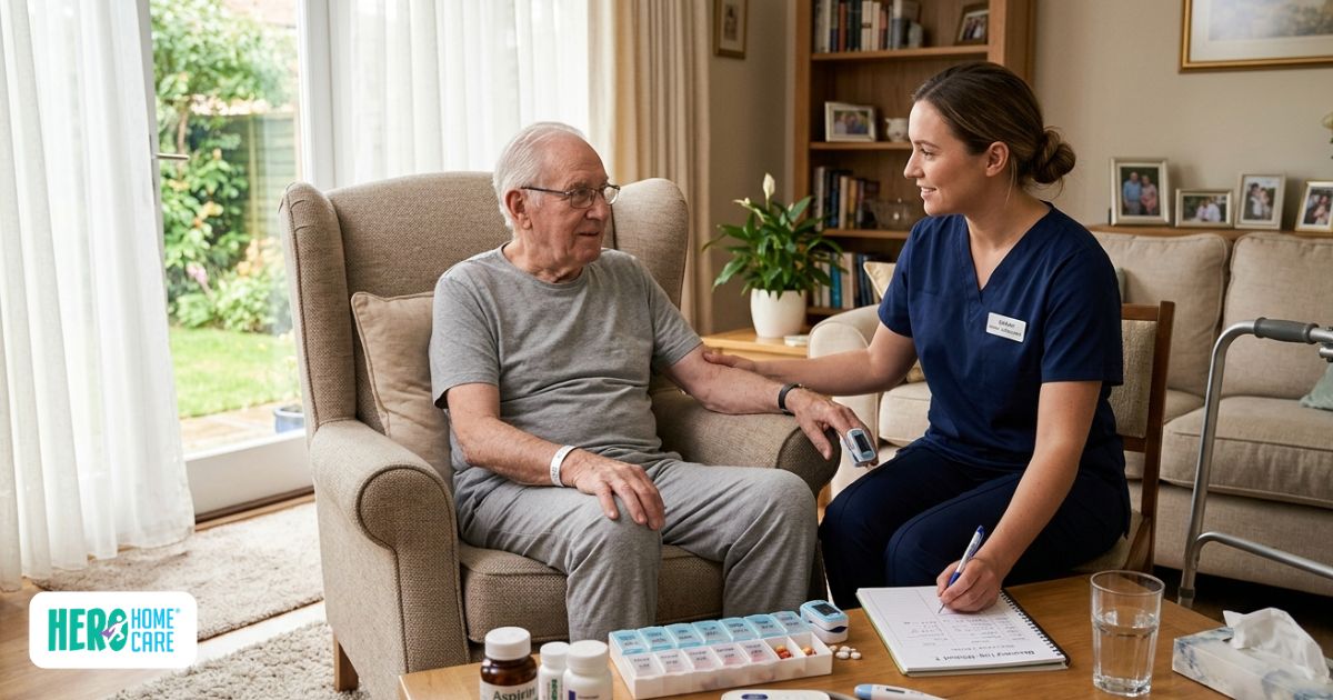 A female caregiver in blue scrubs monitors an elderly man's vitals and manages his medication schedule, providing a clear example of what does post surgery home care include for recovery at home.