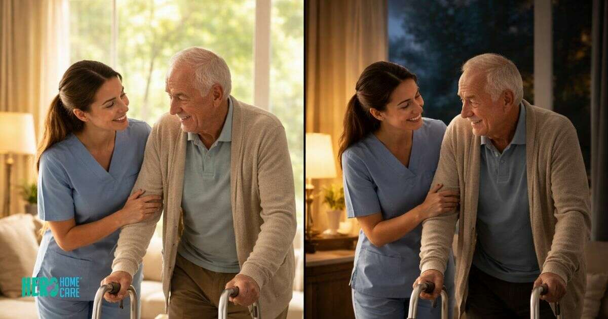 A side-by-side comparison showing a professional caregiver assisting an elderly man during the day and at night, illustrating the continuity of 24-hour home care for seniors.