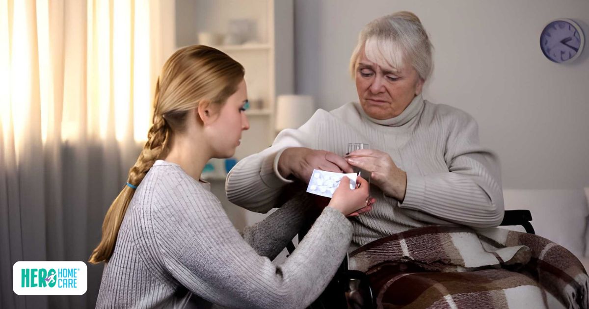 Young woman gently helping her elderly mother with medication from a pill organizer at home