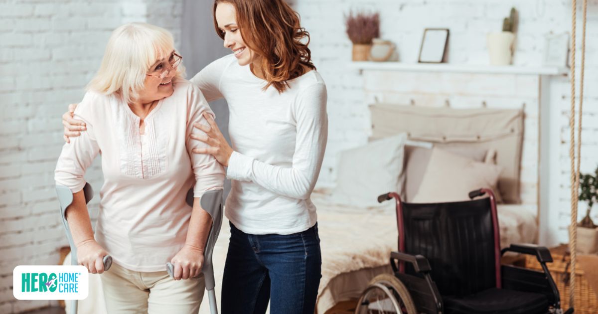 Smiling elderly woman with crutches being warmly assisted by a younger woman at home
