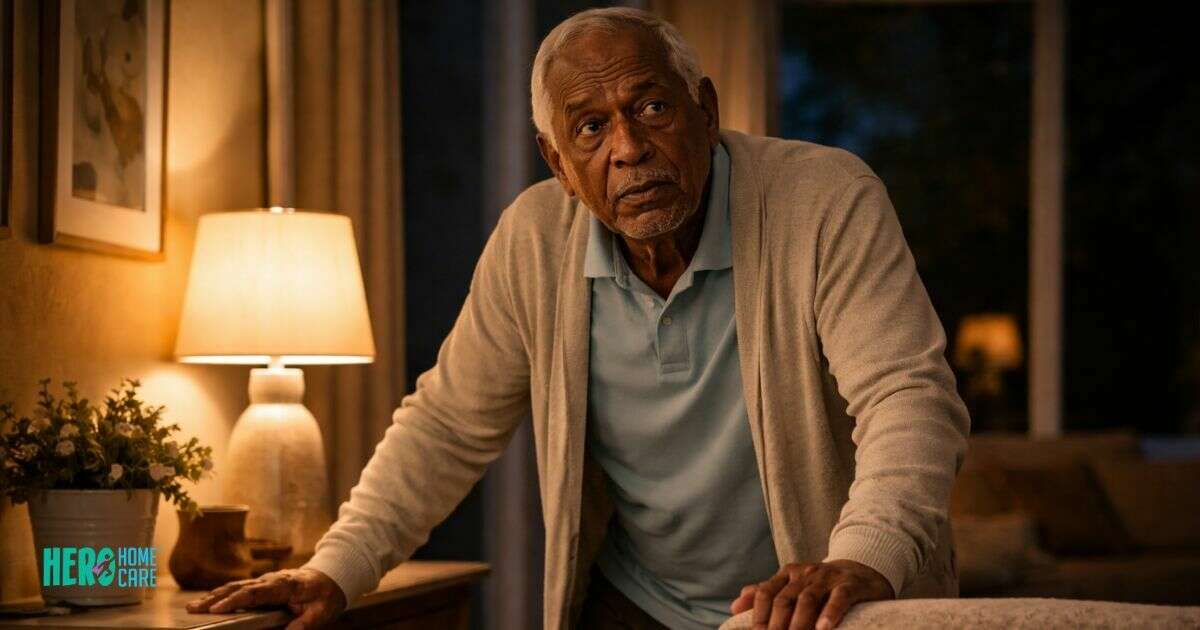 A senior man looking uncertain and physically unsteady while alone at night, illustrating the risks involved when part-time home care is no longer enough for someone with mobility or cognitive challenges.