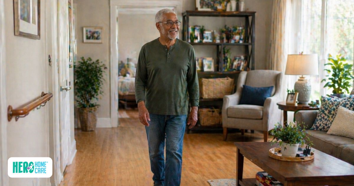 Safe home environment for seniors with clear pathways and supportive features that reduce fall risk