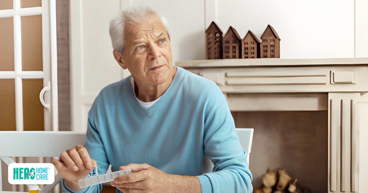 Elderly gentleman sitting at table struggling to remember medications, holding weekly pill organizer