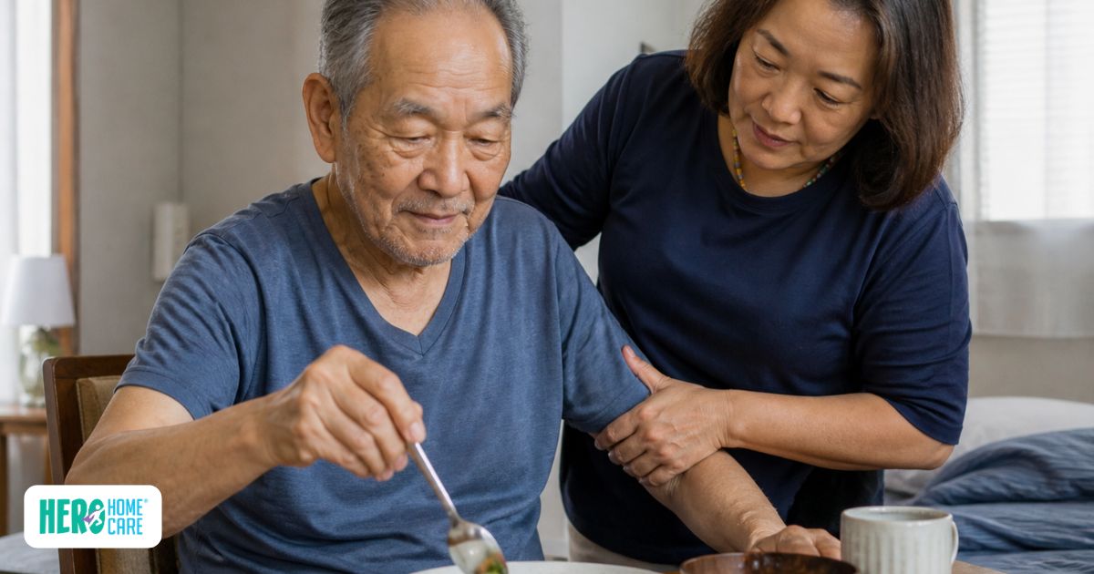 Senior stroke survivor practicing daily activities at home with caregiver support during recovery