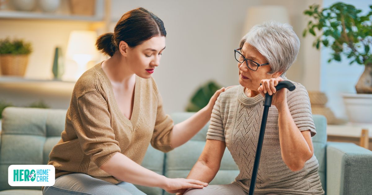 Caregiver assisting a senior during stroke rehabilitation challenges at home