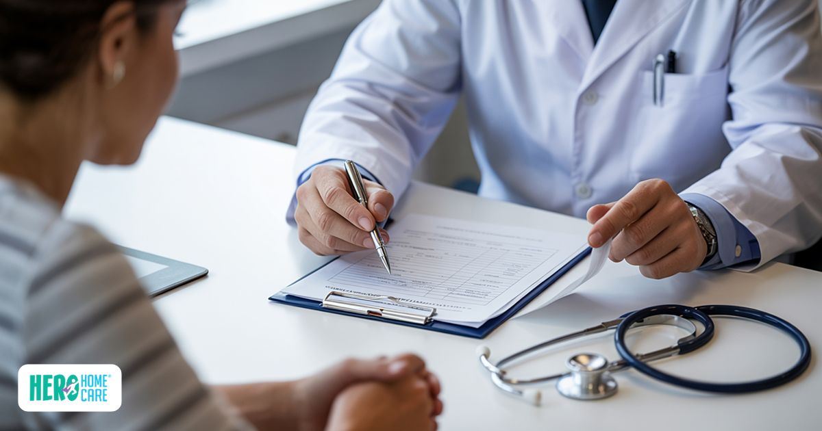 A healthcare provider and caregiver discussing a medical document to confirm follow-up appointments before leaving for home, ensuring a safe post-hospital discharge preparation.
