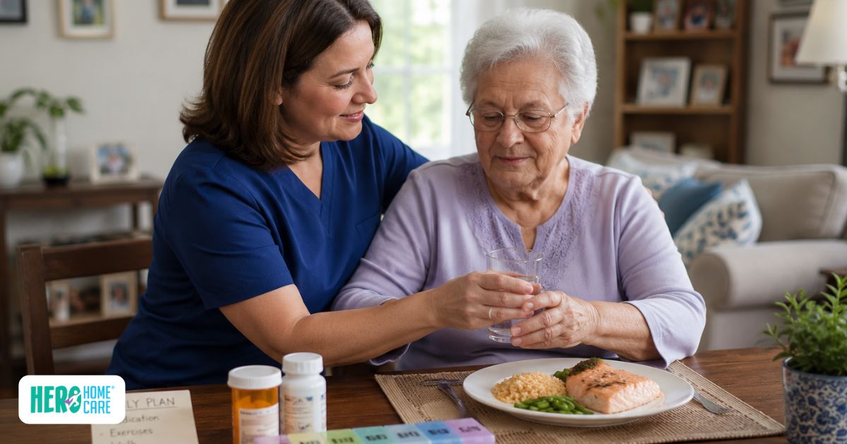 Daily stroke recovery routine at home including medication support, hydration, and healthy meals