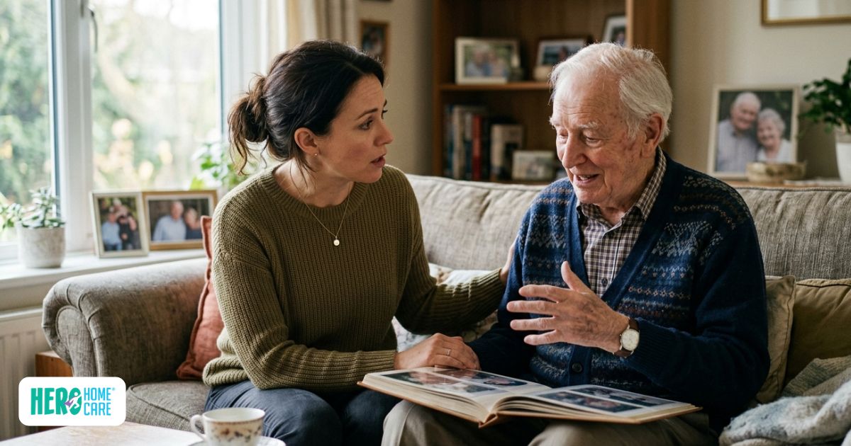 Elderly man gently changing the subject during a conversation with his adult daughter about possible health concerns