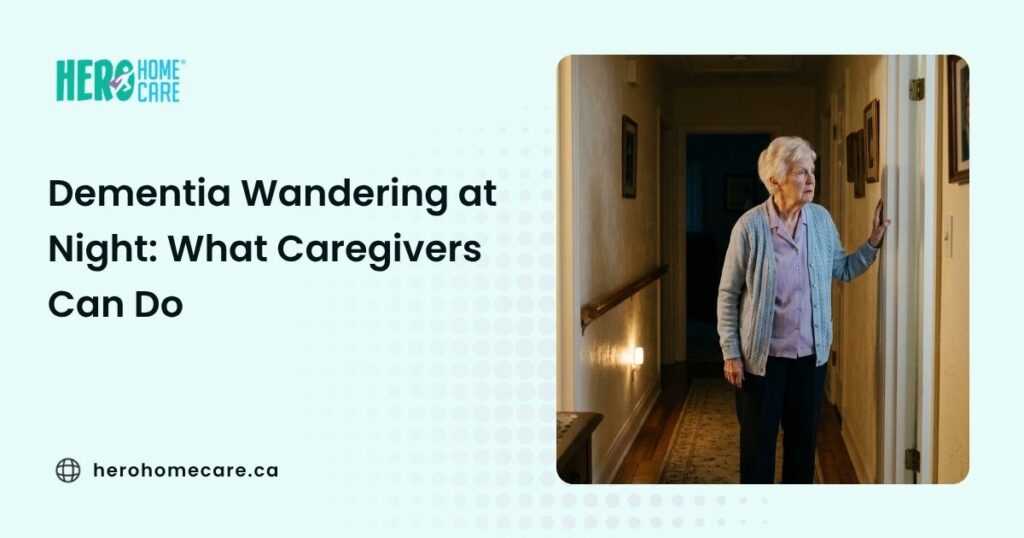 Elderly person experiencing nighttime dementia wandering and confusion at home