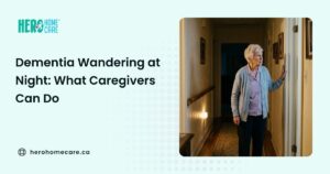 Elderly person experiencing nighttime dementia wandering and confusion at home