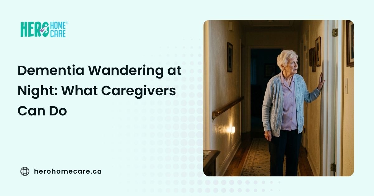 Elderly person experiencing nighttime dementia wandering and confusion at home