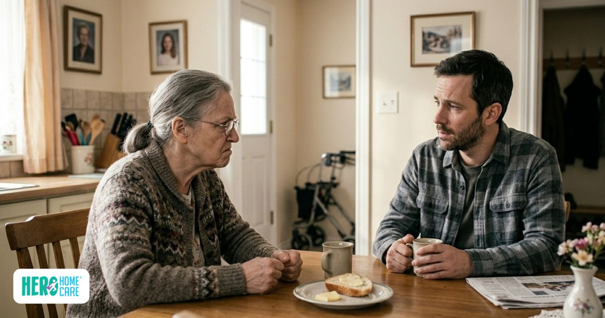 Concerned adult son noticing emotional and personality changes in his aging mother during a quiet conversation at home