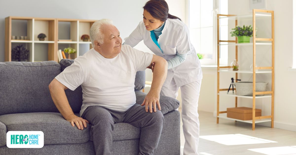 Encouraging safe movement and mobility for seniors at home, featuring a caregiver assisting a patient after hospital discharge.