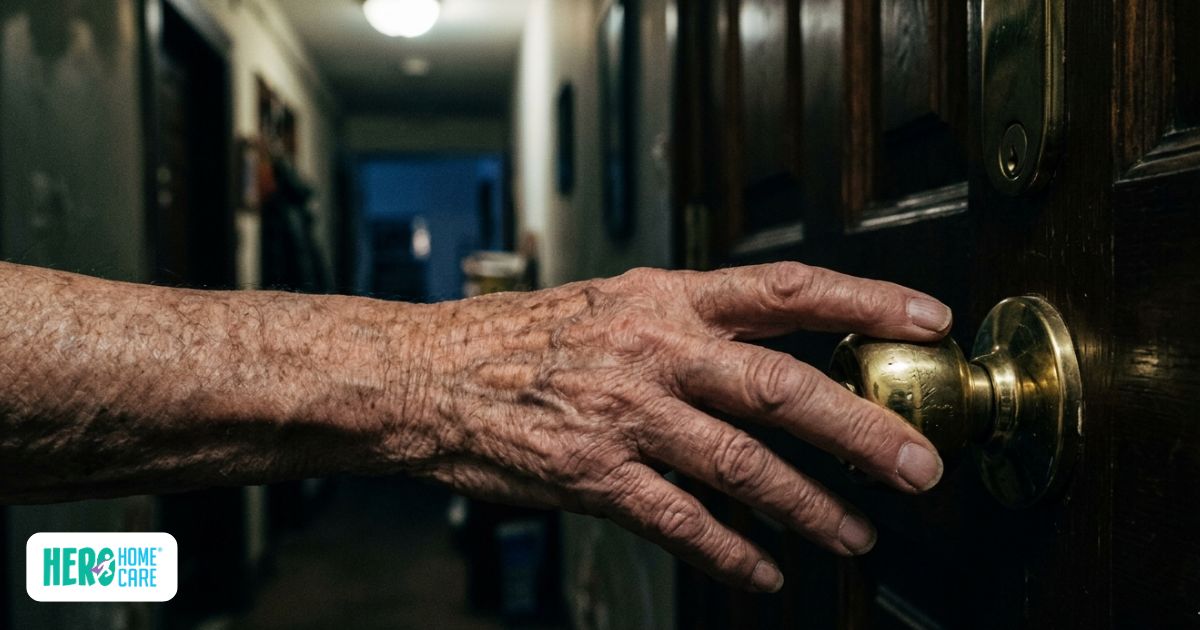 Close-up of a senior reaching for a door handle during exit-seeking behavior associated with dementia