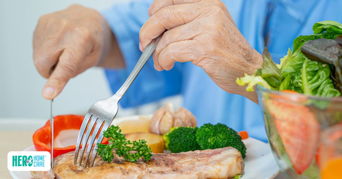 Senior eating a healthy meal with vegetables and grilled chicken
