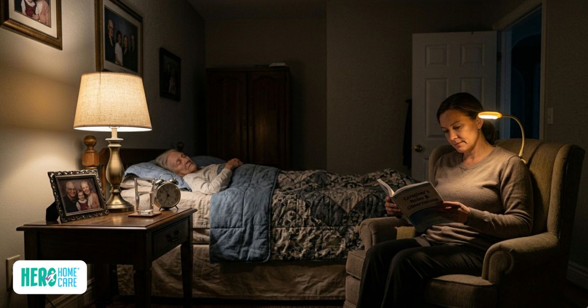 In-home caregiver supervising a senior with dementia during the night for wandering support