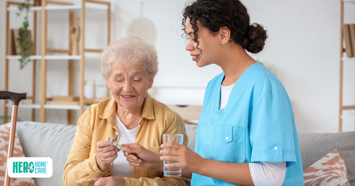 In-home caregiver supporting a senior during stroke recovery with medication and daily assistance