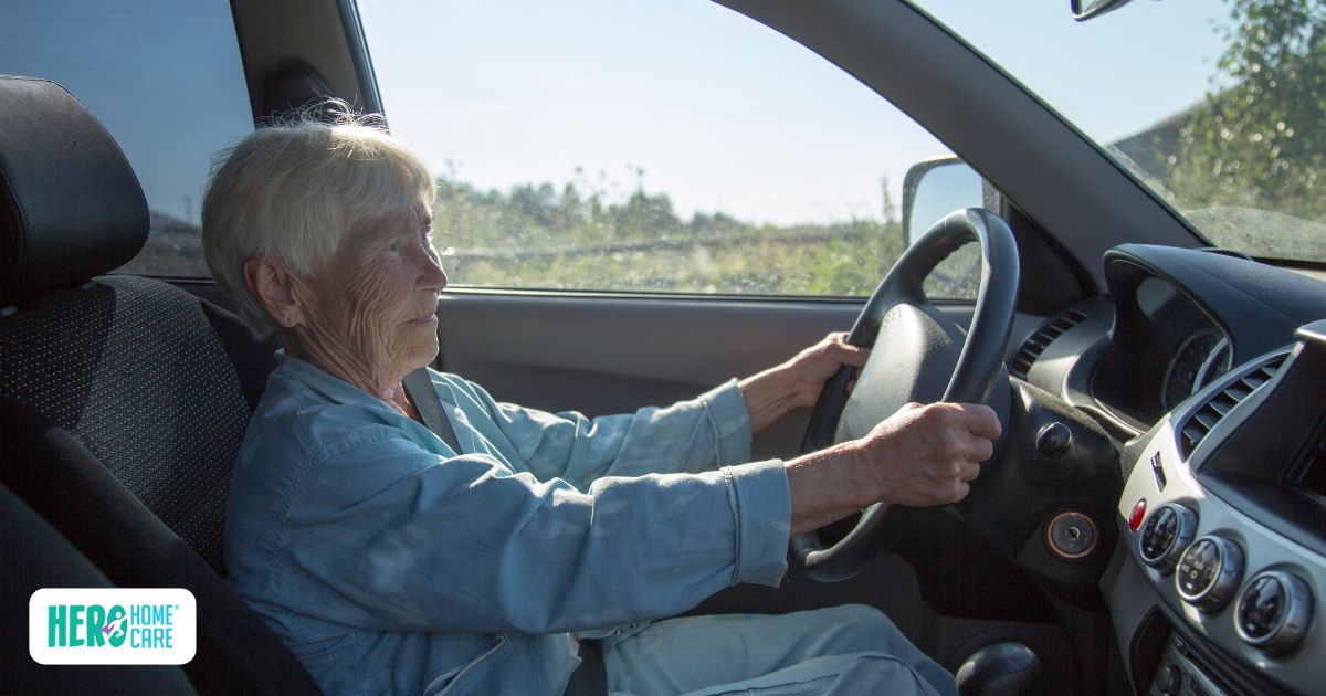 Aging driver in a car illustrating senior driving assessments related to vision, coordination, and awareness