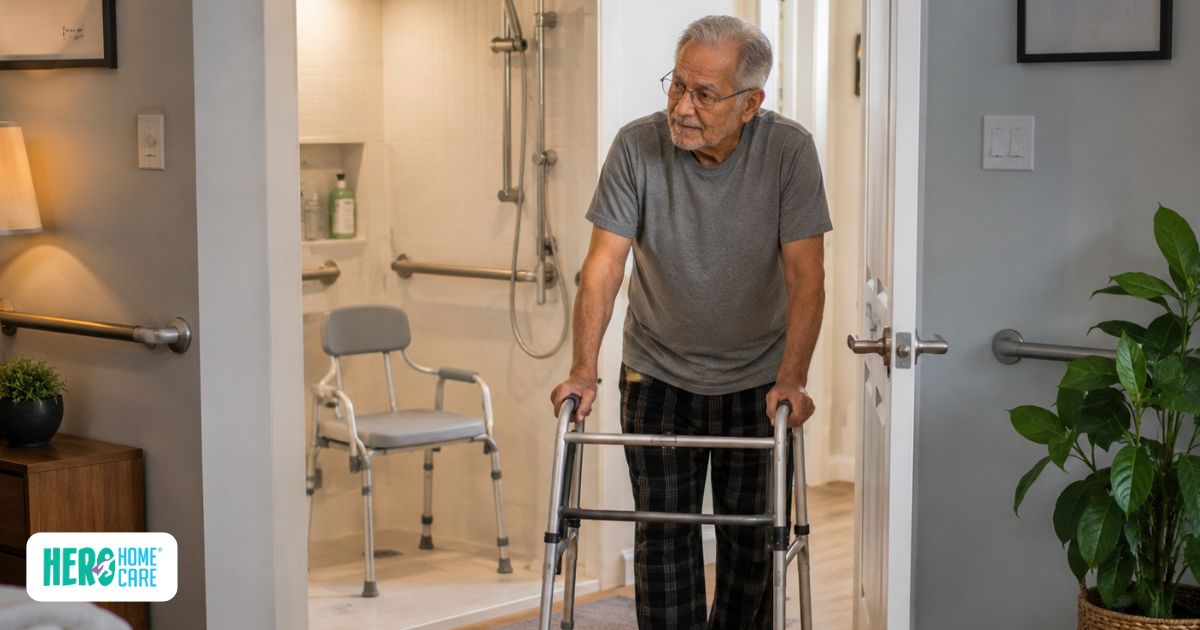 Elderly stroke survivor using a walker in a home adapted for safe stroke recovery