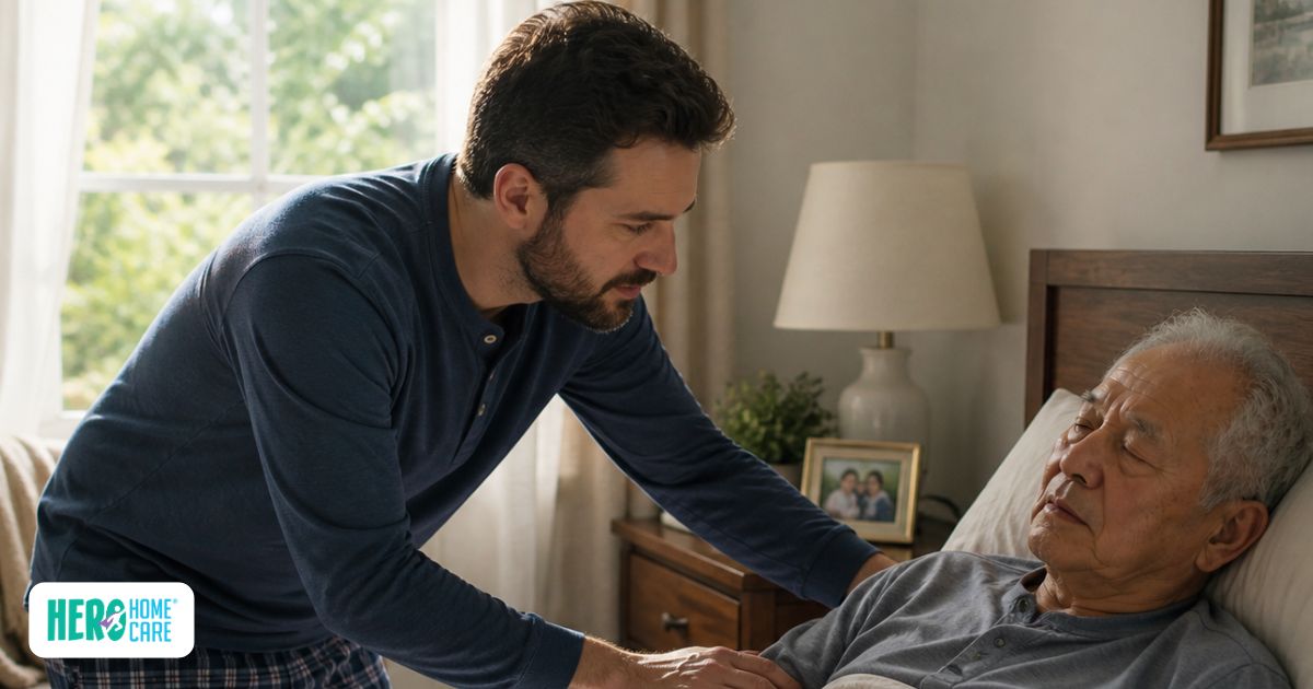 An adult child gently waking a senior, reflecting how calm, familiar interaction can help engage someone who sleeps too much