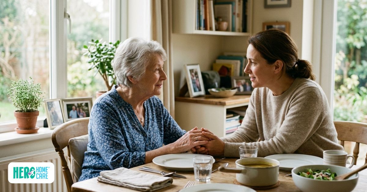 Supportive adult child talking gently with an elderly parent who may be hiding medical issues