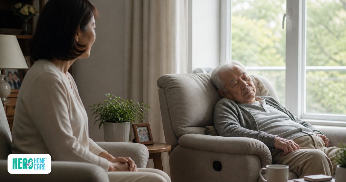 A family member observing a senior sleeping during the day, reflecting how changes in sleep patterns may signal a deeper concern