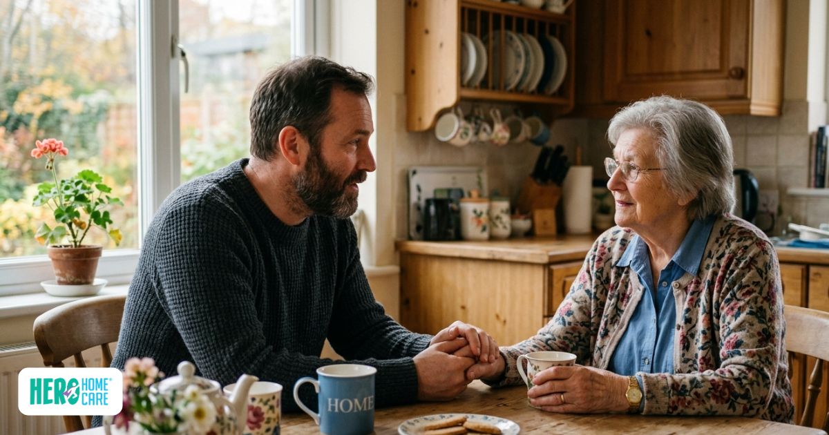 Adult son having a calm conversation with his elderly mother while trying to understand possible hidden health concerns