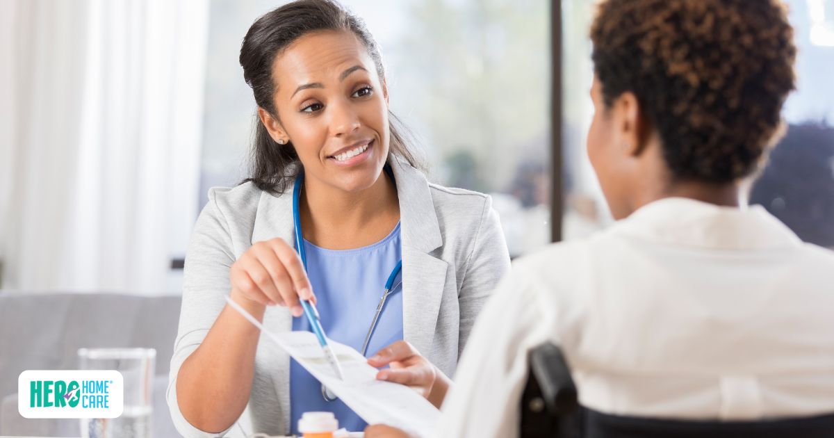 A healthcare professional in a clinic setting explaining discharge papers to a patient, highlighting the immediate steps before leaving the hospital for a safe post-hospital discharge preparation.