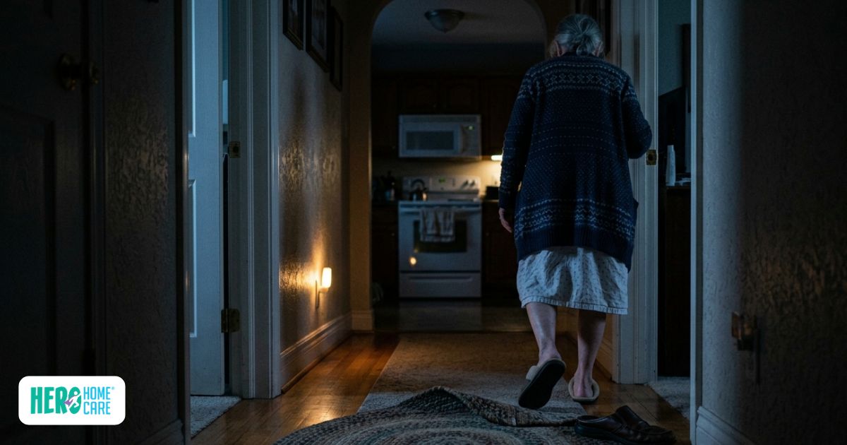 Senior with dementia wandering at night through a dim hallway with visible fall hazards
