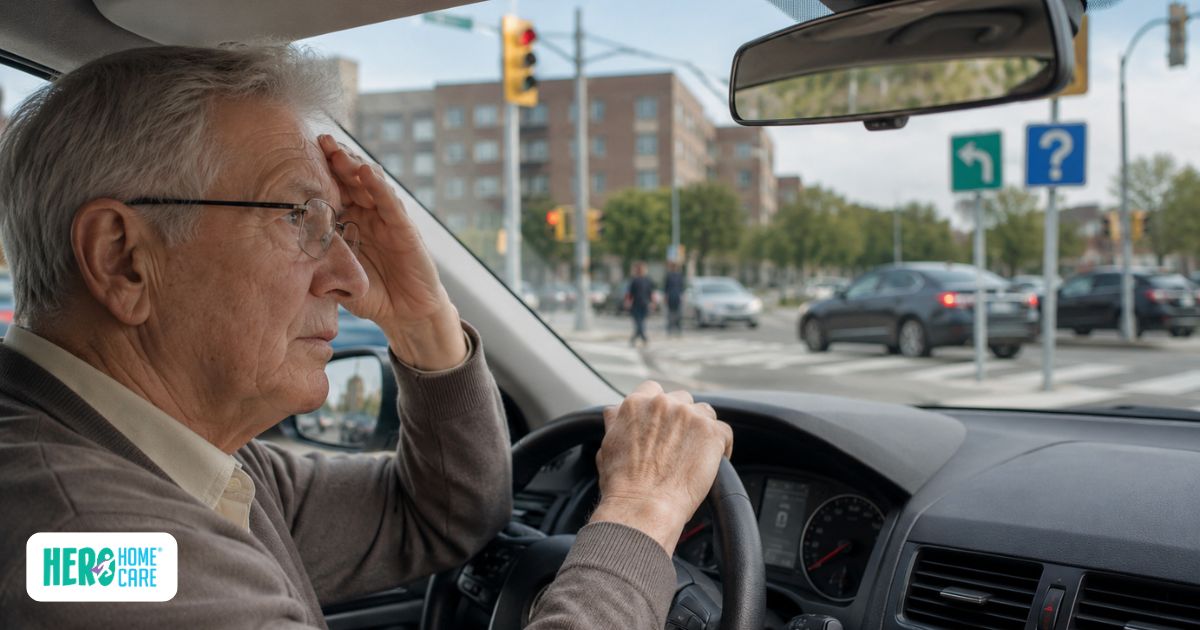 Senior driver showing hesitation and concentration difficulties related to health conditions that impact safe driving