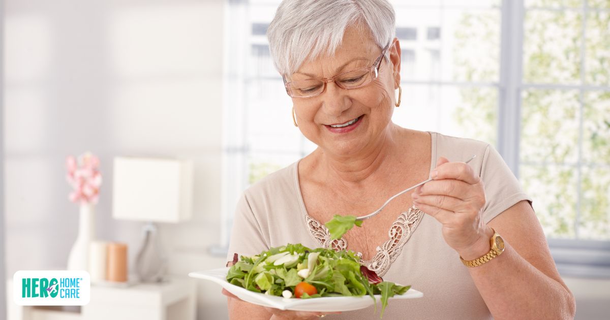  Senior enjoying a light and nutritious dinner with leafy green salad