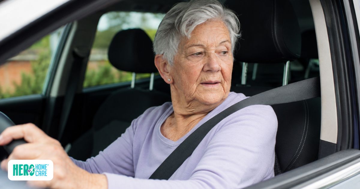 Elderly driver struggling to check a blind spot, illustrating physical warning signs that affect driving ability