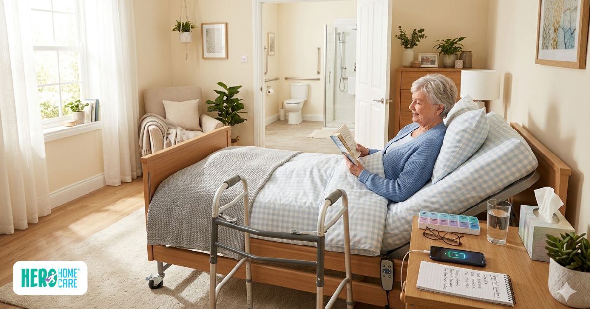 Elderly woman in a home recovery room with proper equipment and organization, demonstrating effective ways of preparing the home for safe post-hospital care.