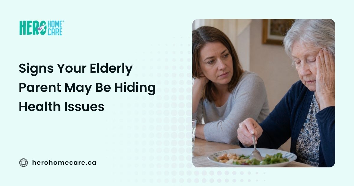 Elderly mother appearing tired and withdrawn during a meal while her adult daughter watches with concern about hidden health issues