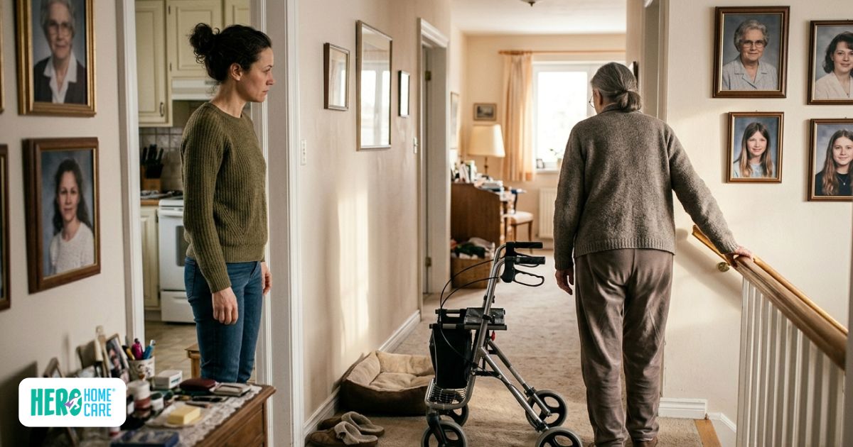 Older adult showing mobility difficulties while attempting to appear independent, representing hidden health concerns in seniors