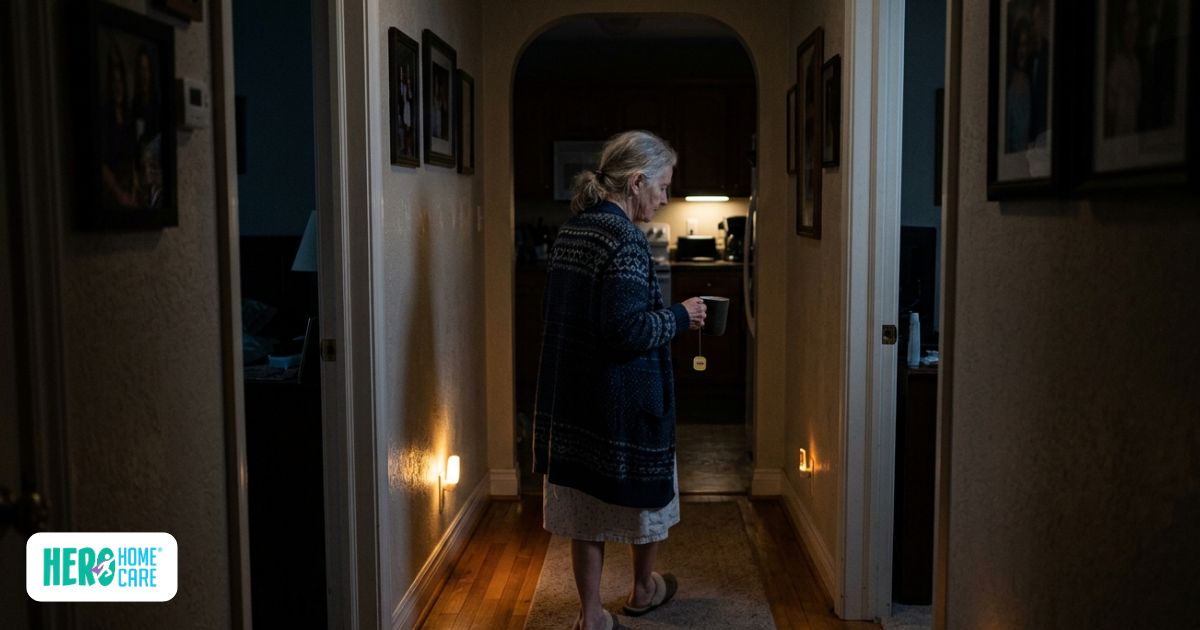 Elderly woman awake at night due to dementia-related sleep disruptions and circadian rhythm changes
