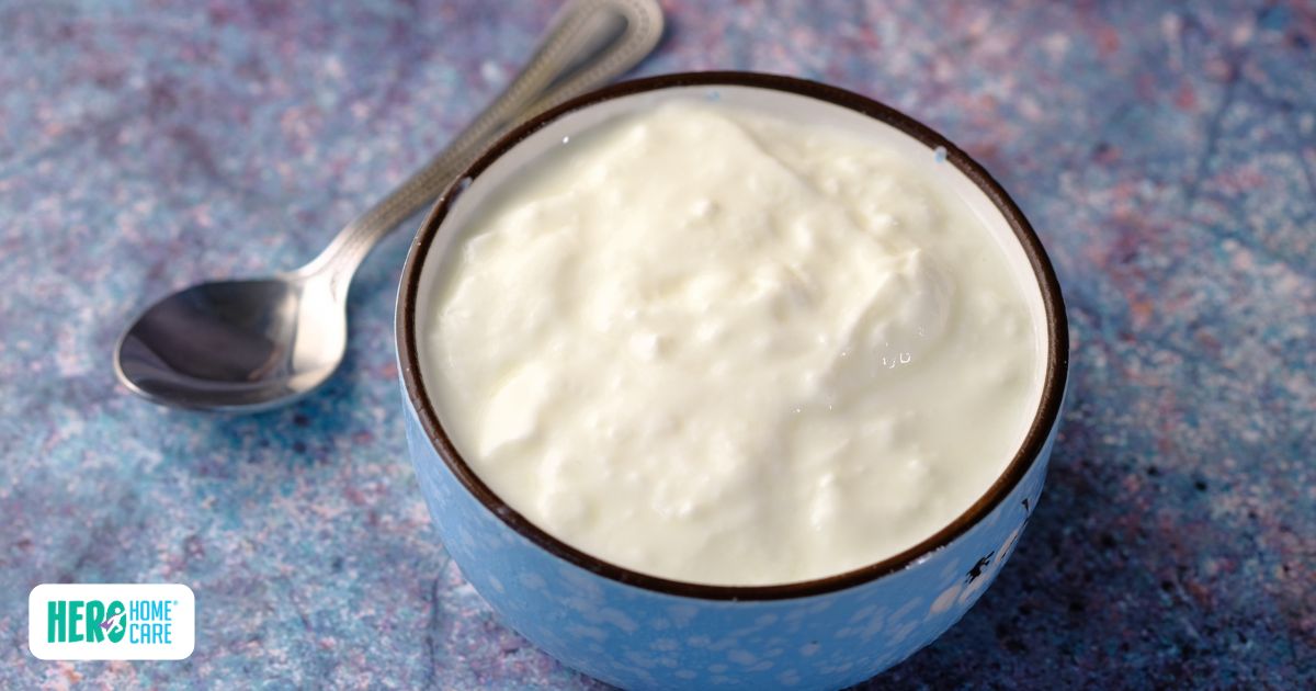Bowl of yogurt as a soft food option for seniors with chewing or swallowing difficulties