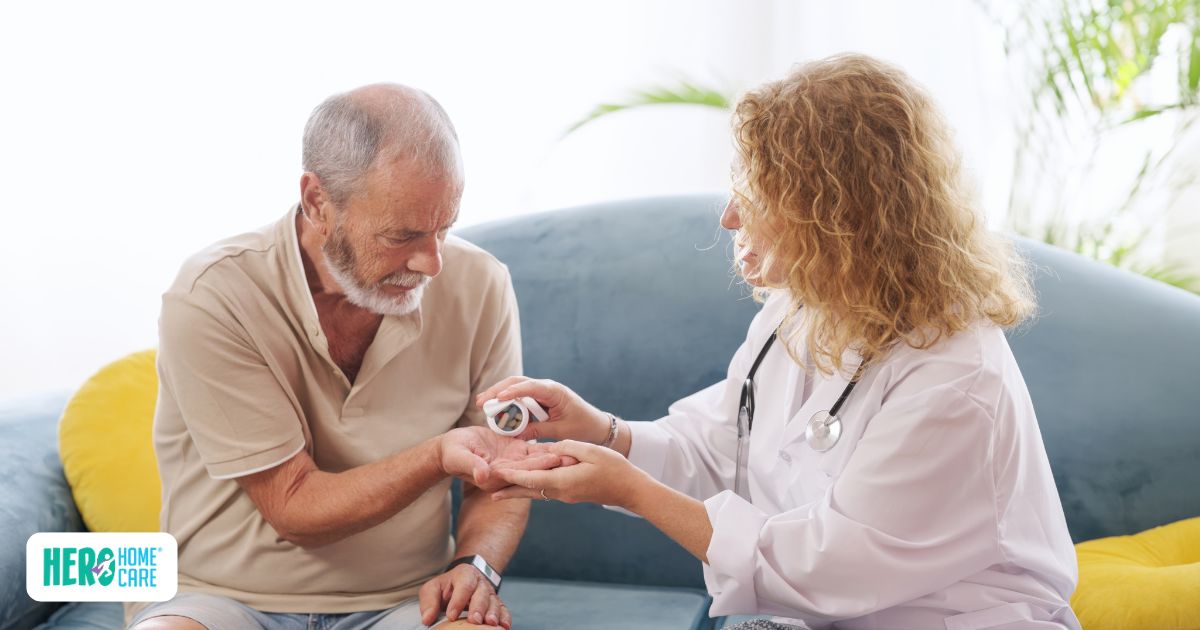 Medication management and adherence for seniors during the first 72 hours after hospital discharge, showing a professional providing critical post-hospital care.