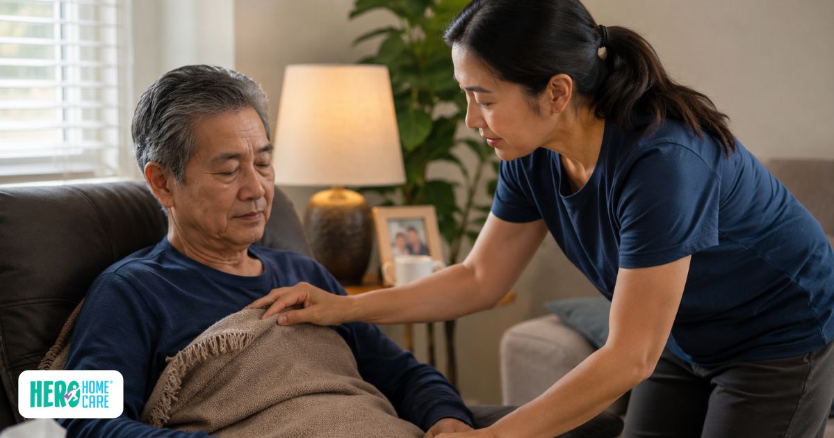 Caregiver supporting a senior during the first stages of stroke recovery at home