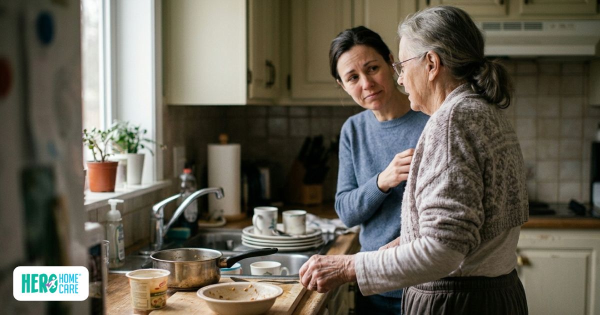Family caregiver speaking gently with an elderly parent who may be concealing health concerns or physical difficulties