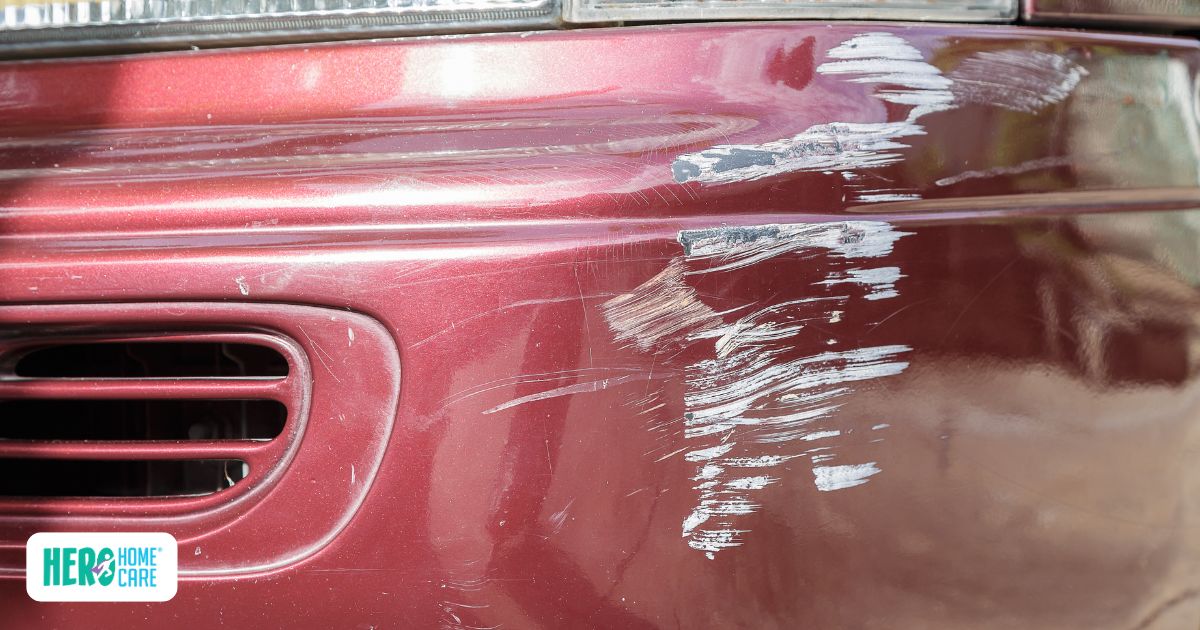 Scratches and dents on a car bumper illustrating vehicle damage as a hidden warning sign of unsafe senior driving