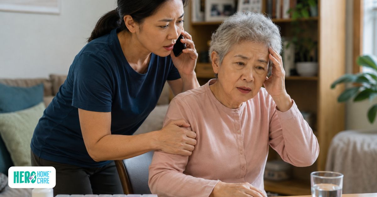 Senior showing warning signs during stroke recovery while caregiver calls for medical help