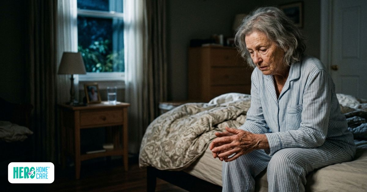Elderly woman with dementia awake at night showing confusion and restlessness in the bedroom